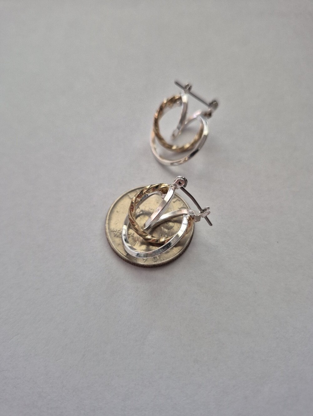 Two-Tone Silver and Gold Double Hoop Pierced Earrings - Picture 4 of 6